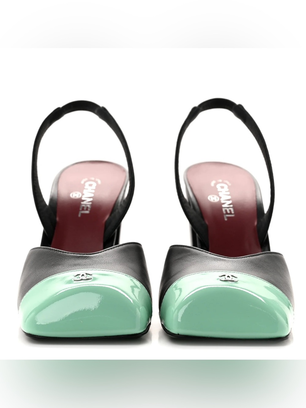 Chanel 26S Blazy Black Green Minty Square Cap Toe Slingback Heels Pumps 39.5 - Picture 5 of 14